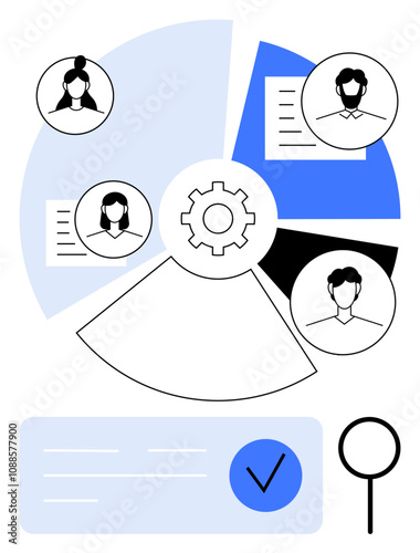 Gear at center with four document profiles around it, search icon, checkmark, and segmented circle. Ideal for teamwork, project management, staff allocation, HR processes, task assignment workflow
