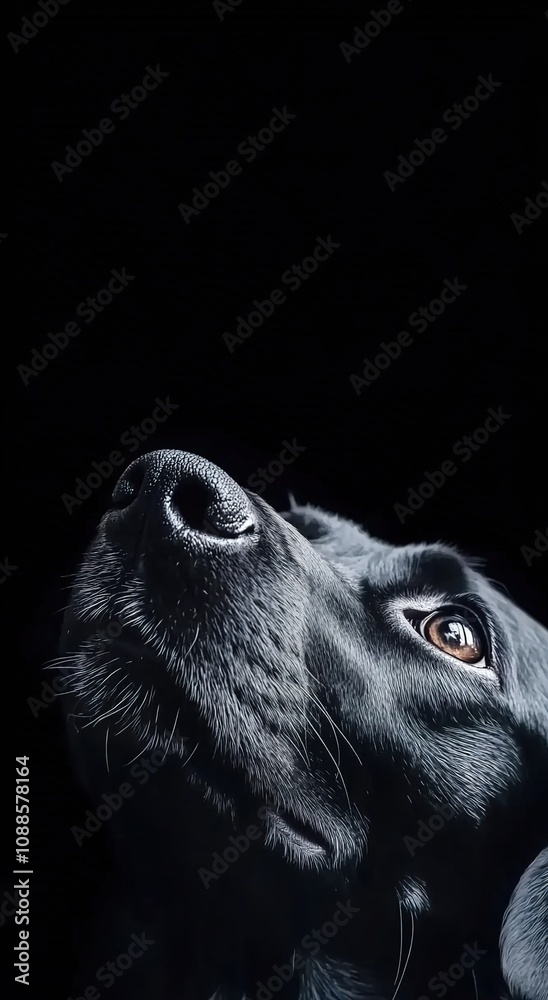 A black Labrador's head is looking up A black Labrador's head is looking up