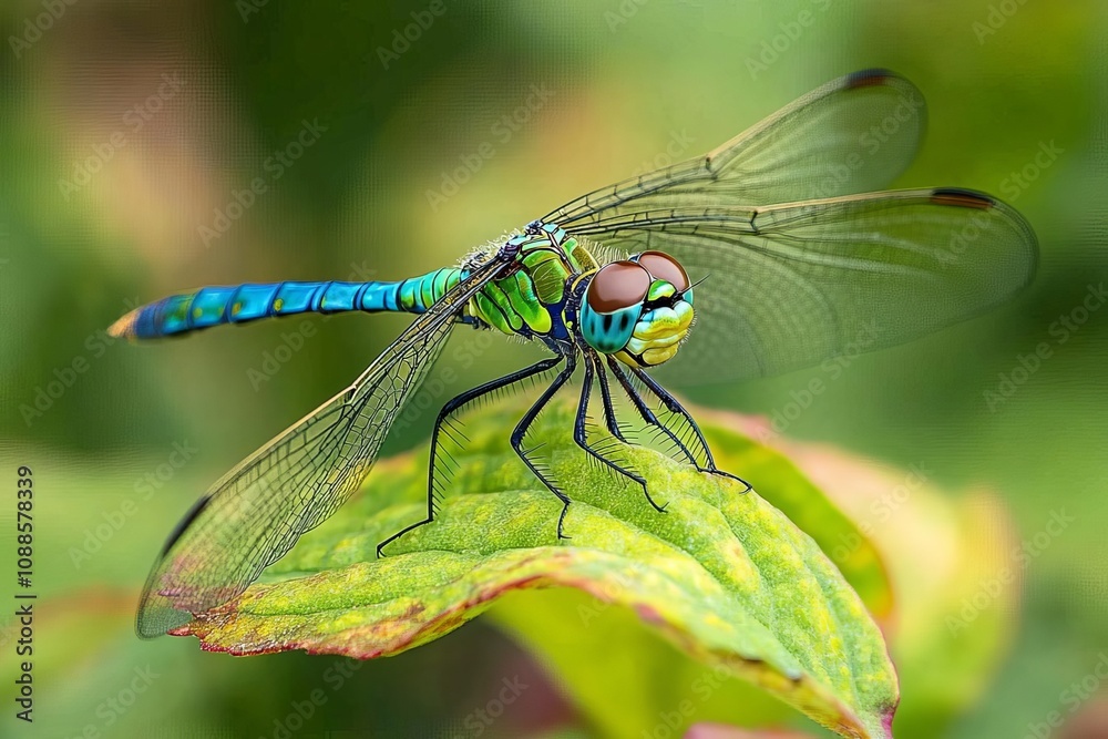 Macro of dragonfly perched on a leaf, vibrant green and blue, high detail, natural blur Macro of dragonfly perched on a leaf, vibrant green and blue, high detail, natural blur