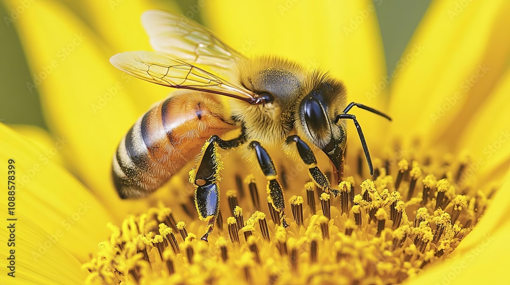 Macro shot of a honeybee on a sunflower, vibrant yellow, intricate pollen detail, natural setting Macro shot of a honeybee on a sunflower, vibrant yellow, intricate pollen detail, natural setting
