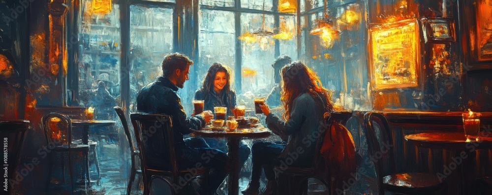 Friends sitting at a cozy café, sipping coffee, deep in conversation, and sharing stories with smiles on their faces. Friends sitting at a cozy café, sipping coffee, deep in conversation, and sharing stories with smiles on their faces.