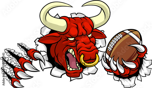 A bull or Minotaur monster longhorn cow angry mean American football mascot cartoon character. photo