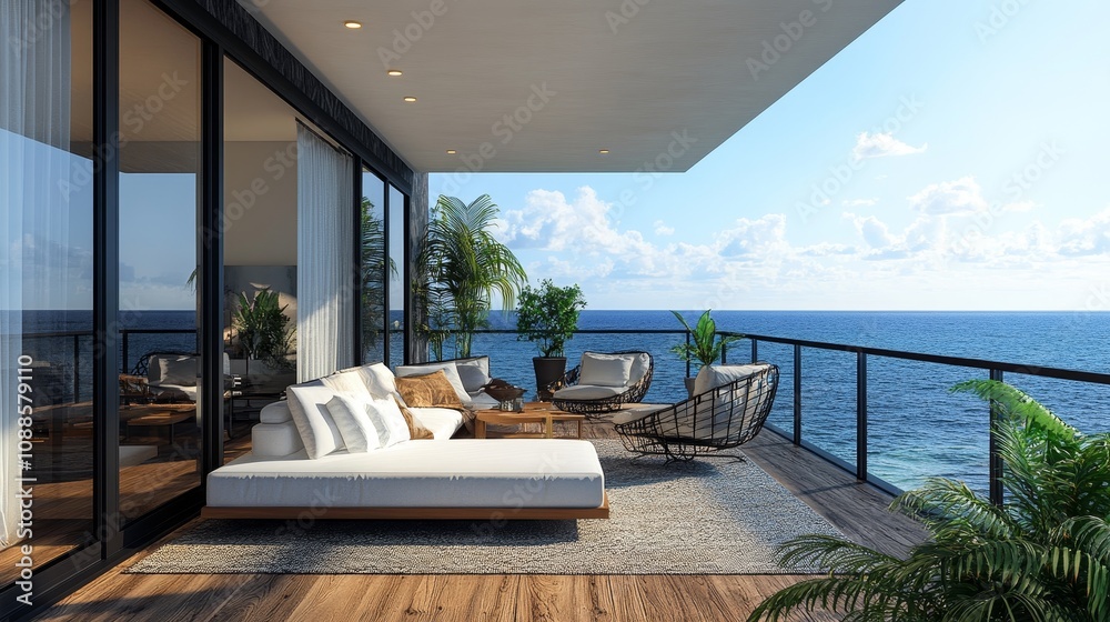 Fototapeta premium Terrace with panoramic windows overlooking the sea