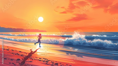 Illustration of people jogging on the beach at sunrise, with waves and sunrise in the background