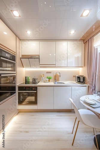 Modern Minimalist Small Apartment Kitchen Design in White and Beige Tones with Large Windows.