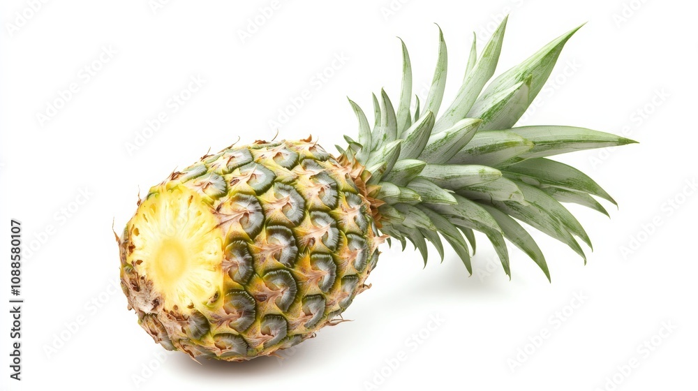 A ripe pineapple with its rough, textured skin and spiky green crown, Each pineapple’s vibrant color and subtle imperfections captured with precision A ripe pineapple with its rough, textured skin and spiky green crown, Each pineapple’s vibrant color and subtle imperfections captured with precision