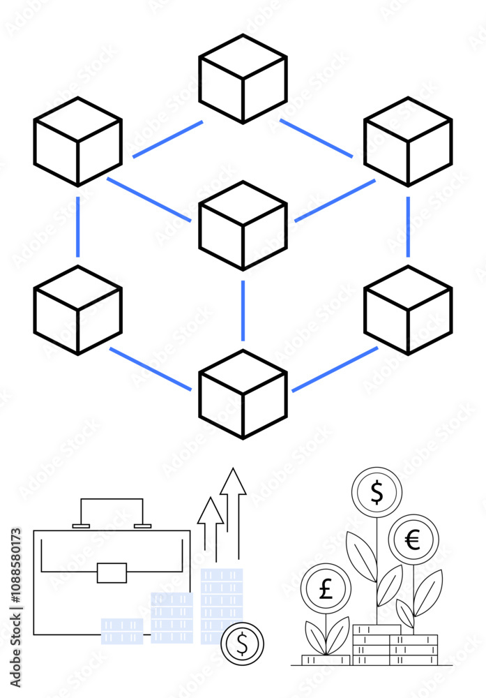 Network of cubes connected with blue lines below, briefcase and growth arrows, and a plant with currency symbols. Ideal for blockchain, finance, business strategy, technology, investment, economic Network of cubes connected with blue lines below, briefcase and growth arrows, and a plant with currency symbols. Ideal for blockchain, finance, business strategy, technology, investment, economic