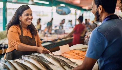 cheerful fishmonger warmly engages customers at a vibrant and bustling seafood market  photo