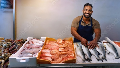  cheerful fishmonger warmly engages customers at a vibrant and bustling seafood market  photo