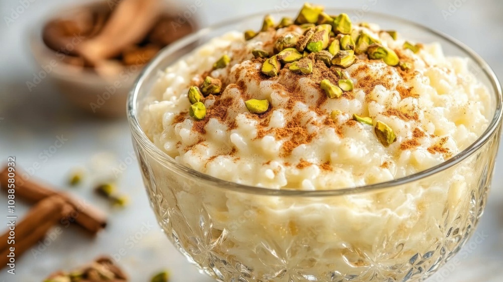 Creamy Rice Pudding Topped with Crunchy Pistachios and Spices in Elegant Glass Bowl Surrounded by Aromatic Ingredients on Light Background Creamy Rice Pudding Topped with Crunchy Pistachios and Spices in Elegant Glass Bowl Surrounded by Aromatic Ingredients on Light Background