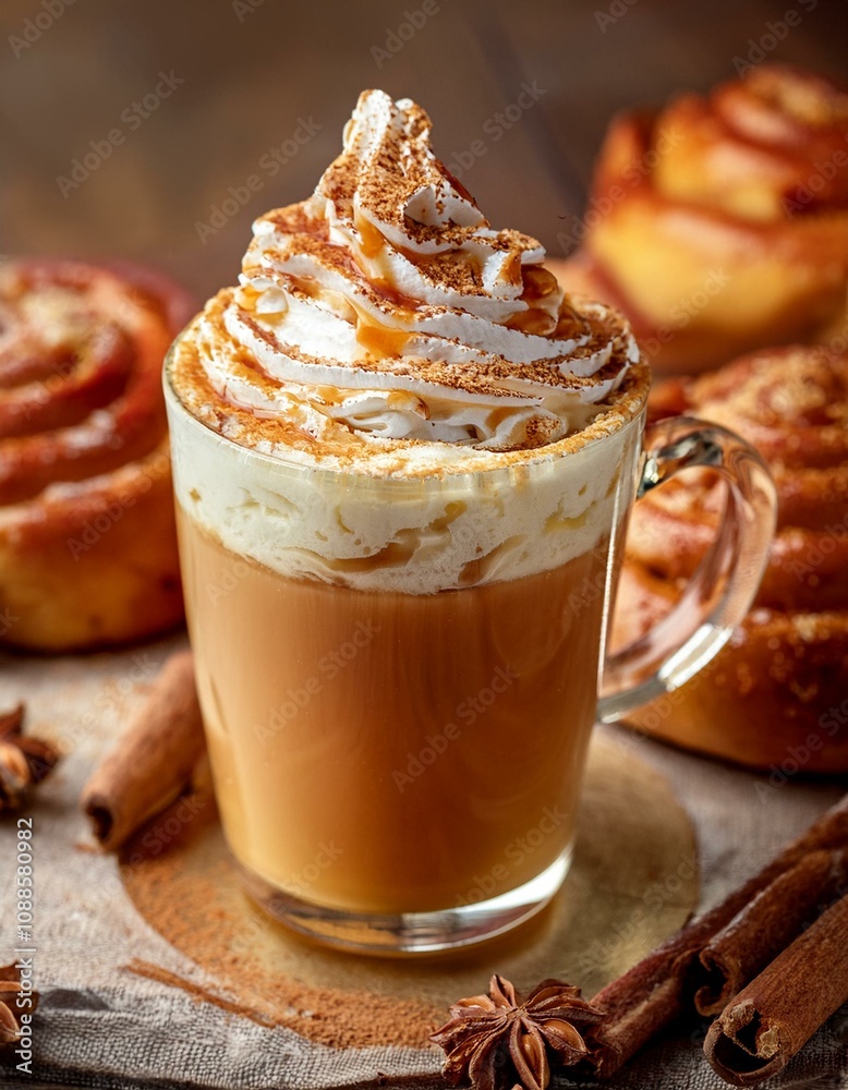 caramel latte topped with whipped cream, surrounded by baked cinnamon rolls, yummy caramel latte topped with whipped cream, surrounded by baked cinnamon rolls, yummy