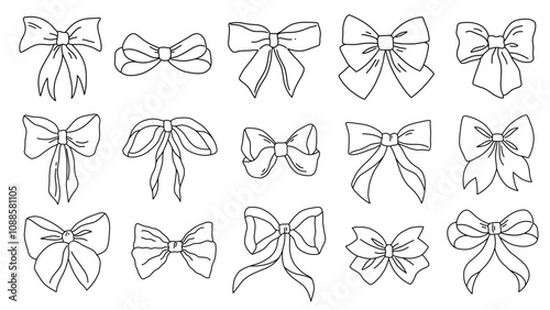 Black and white contour bows vector set. Clipart bows isolated on a white background. Vector doodle illustration.