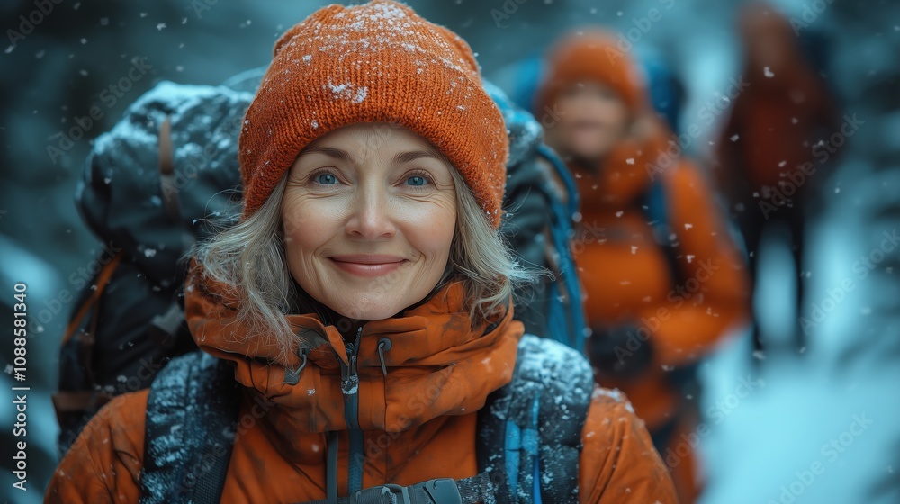 Woman hiking with friends in winter landscape. Active lifestyle and outdoor tourism in snowy weather Woman hiking with friends in winter landscape. Active lifestyle and outdoor tourism in snowy weather