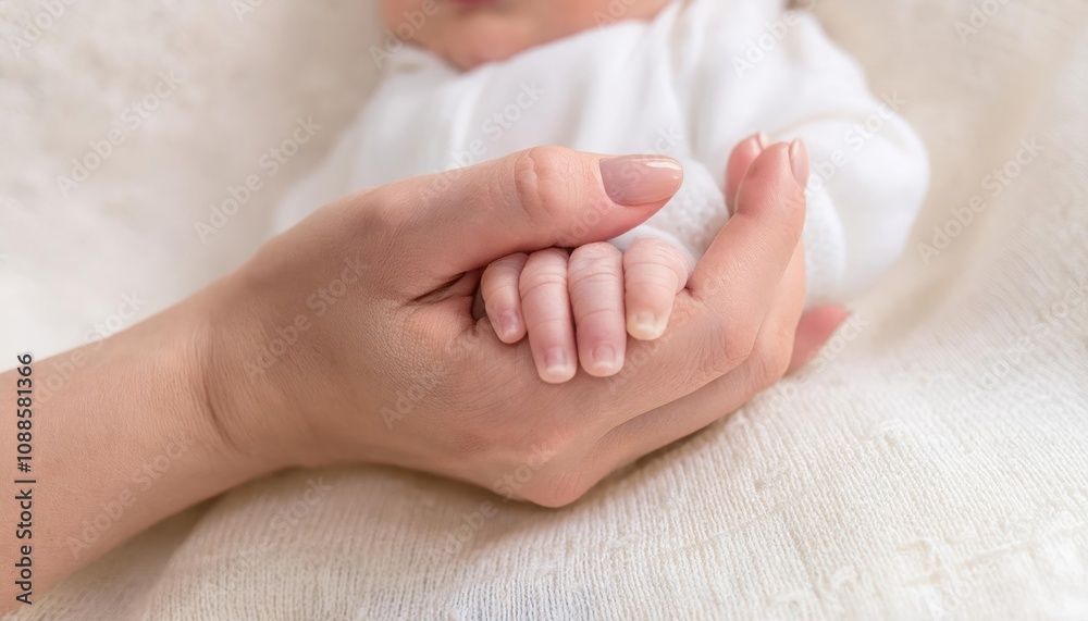 Close-up little hand of child baby holding hand of mother, A newborn holds on to mom's, dad's finger Close-up little hand of child baby holding hand of mother, A newborn holds on to mom's, dad's finger