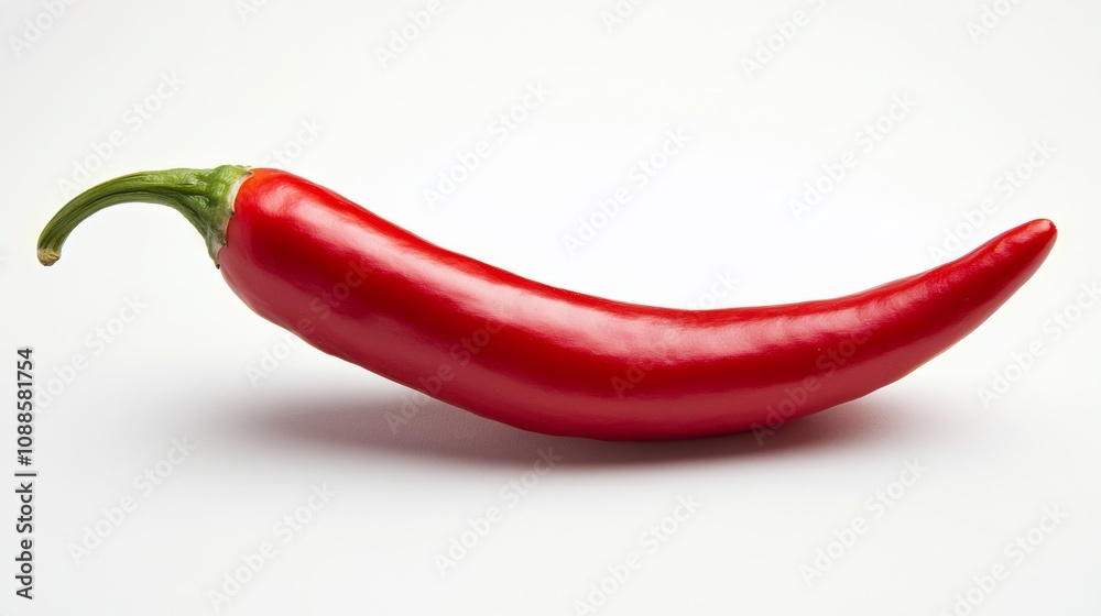 A single, fresh red chili pepper with its smooth, shiny skin and curved shape A single, fresh red chili pepper with its smooth, shiny skin and curved shape