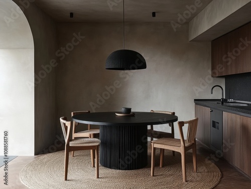 A black table with a black lamp on top of it