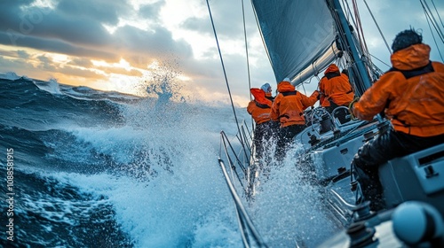 In the midst of turbulent waters, yachtsmen in bright orange gear adjust their course, utilizing satellite communication for optimal racing strategy.