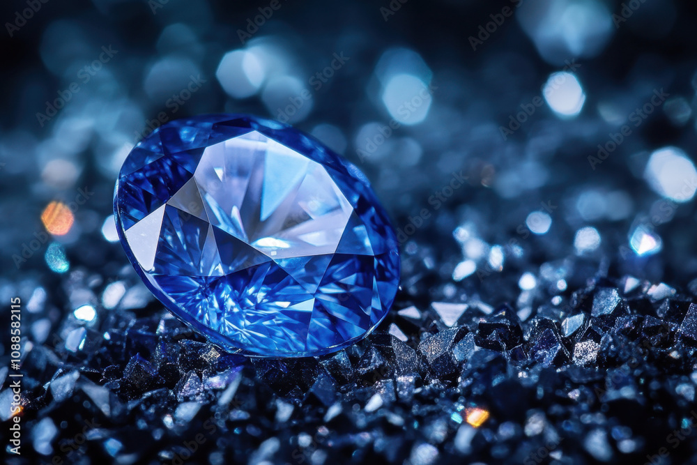 A stunning blue gemstone sparkles brilliantly amidst a sea of glittering crystals, capturing elegance and luxury with its faceted brilliance. A stunning blue gemstone sparkles brilliantly amidst a sea of glittering crystals, capturing elegance and luxury with its faceted brilliance.
