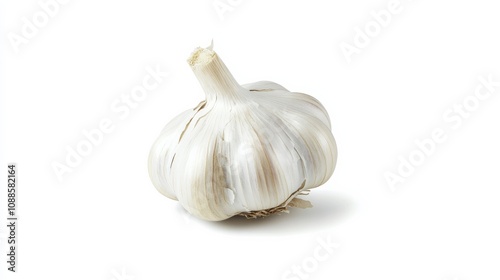 A single head of garlic with its papery white skin and tightly packed cloves, Each garlic’s vibrant color and subtle imperfections captured with precision photo