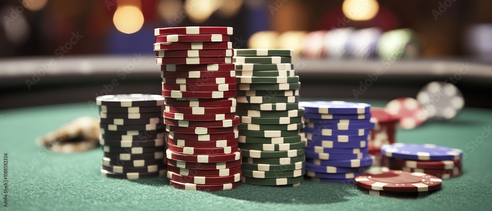 Fototapeta premium Colorful casino poker chips stacked on a table.