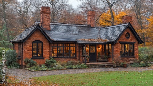 Cozy brick cottage surrounded by autumn foliage and greenery.