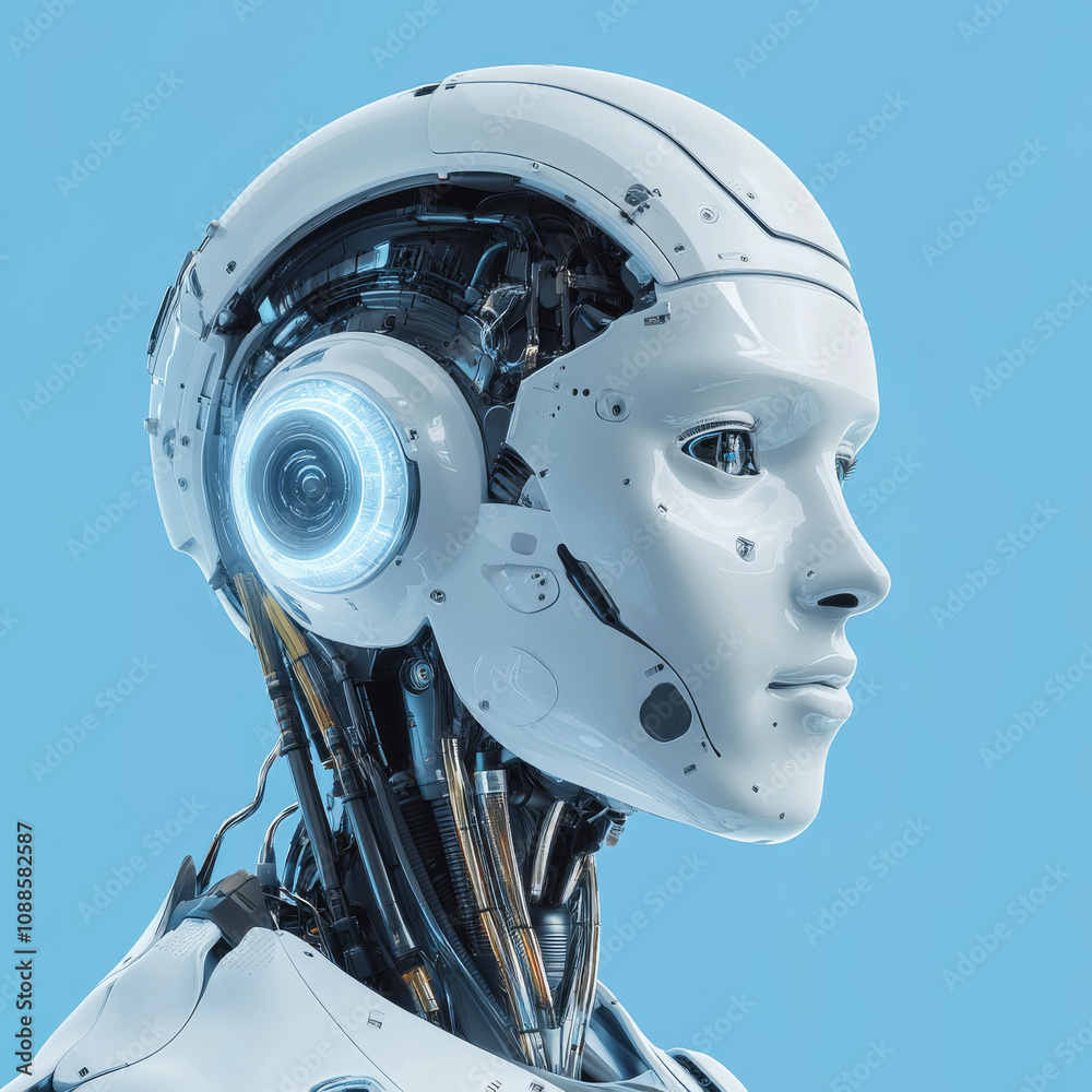 Holographic projection of artificial intelligence featuring a robot head, set against a blue background in 3D rendering.
Holographic projection of artificial intelligence featuring a robot head, set against a blue background in 3D rendering.