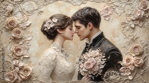 Collection set of vintage lovers with hearts, romantic  style old greeting cards, Valentine's day celebration