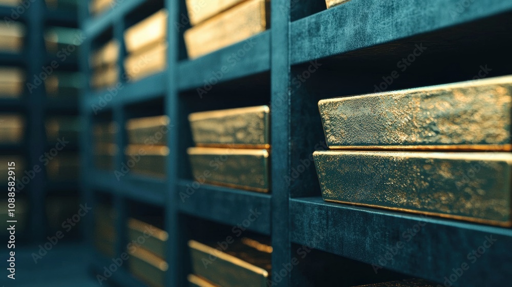 Gold bars stacked on shelves in secure vault: storing wealth and investment assets Gold bars stacked on shelves in secure vault: storing wealth and investment assets