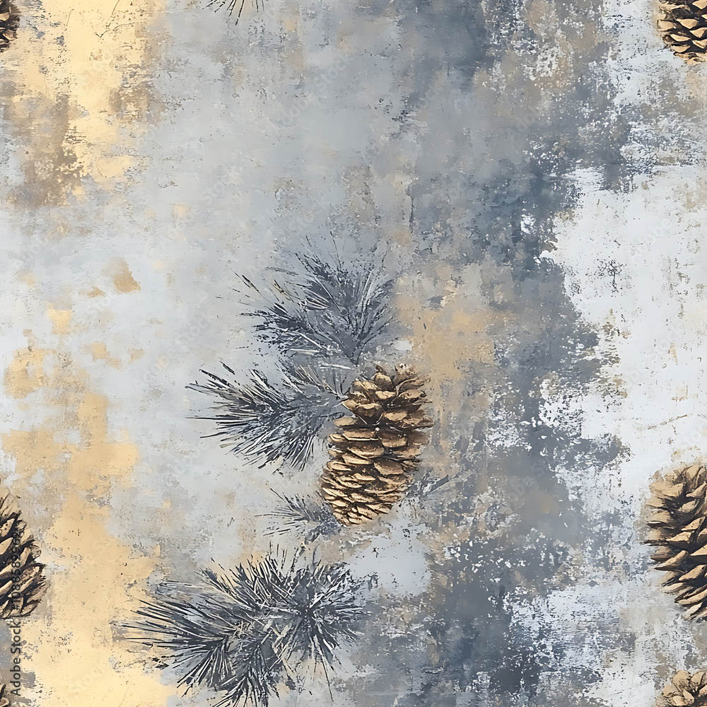 Elegant design featuring pinecones and greenery on a textured background in neutral tones pattern