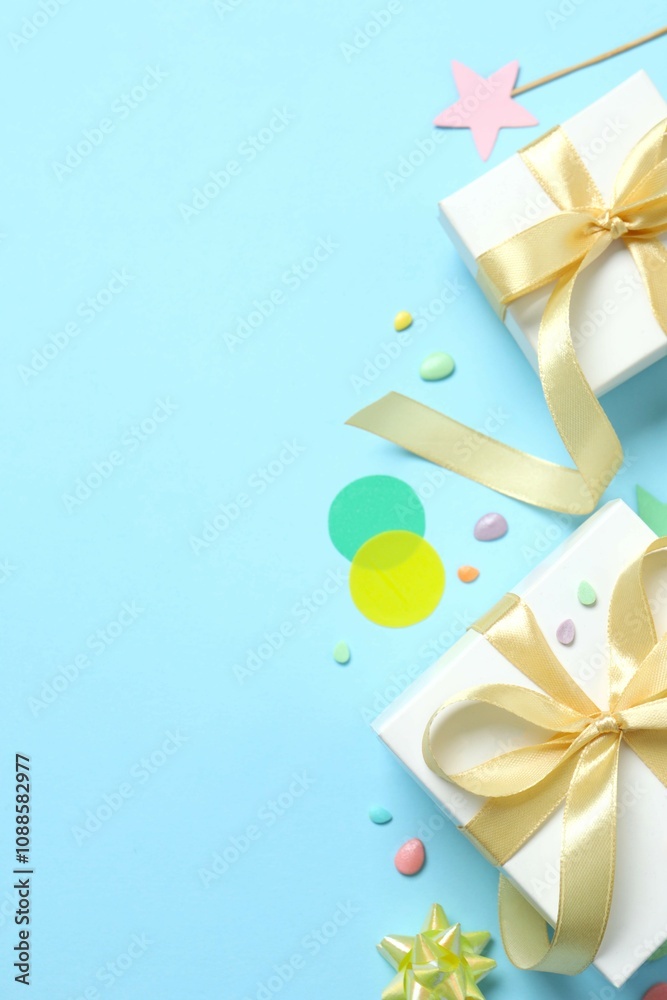 Frame of different party items and decorations with space for text on color background, flat lay Frame of different party items and decorations with space for text on color background, flat lay
