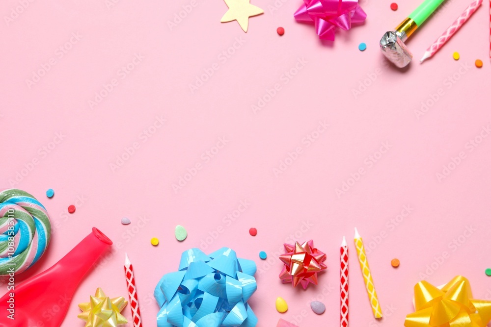 Frame of different party items and decorations with space for text on color background, flat lay Frame of different party items and decorations with space for text on color background, flat lay