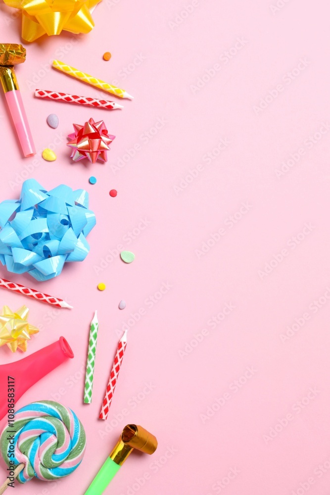 Frame of different party items and decorations with space for text on color background, flat lay Frame of different party items and decorations with space for text on color background, flat lay