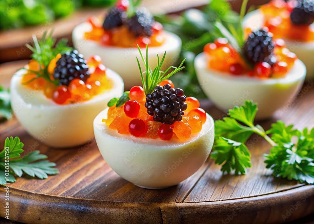 Exquisite Presentation of Caviar Eggs Garnished with Fresh Herbs and Vibrant Accompaniments in a Tilt-Shift Photography Style, Capturing Culinary Elegance for Gourmet Food Lovers
