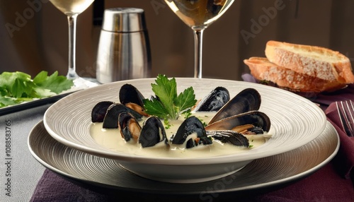 Elegant mussels dish in creamy sauce with parsley garnish and wine pairing photo