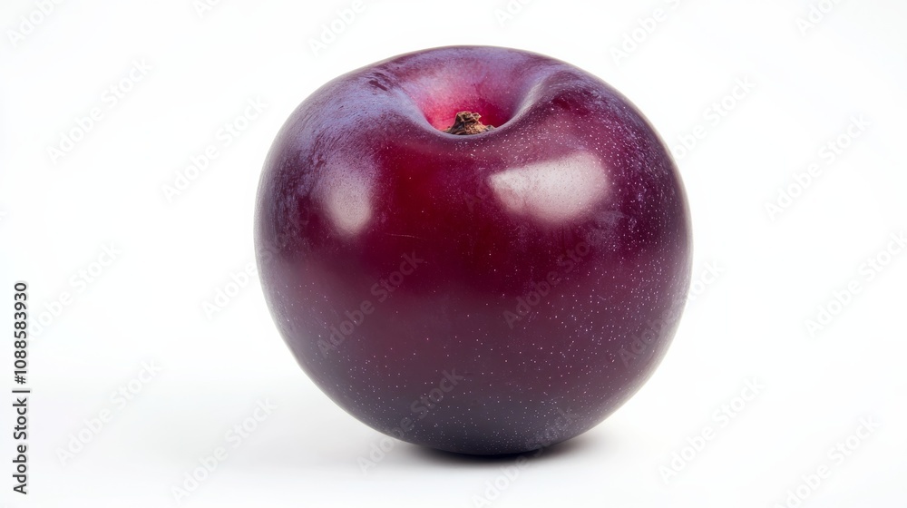A single, ripe plum with its smooth, deep purple skin and round shape A single, ripe plum with its smooth, deep purple skin and round shape