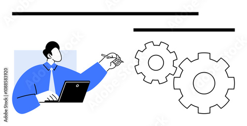 Professional using a laptop and pen, pointing to interlocking gears. Ideal for business strategy, process optimization, problem-solving, teamwork, productivity, corporate training planning. Line