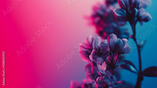 Fototapeta Naklejka Na Ścianę i Meble -  Close-up of delicate white flowers illuminated by pink and blue neon light.