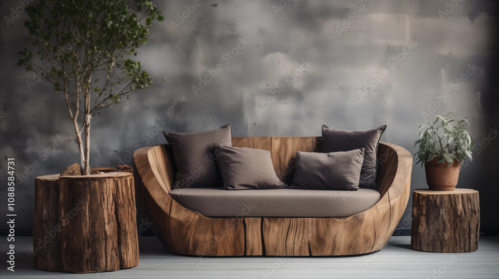 Wooden Sofa Tree Stump Tables Grey Cushions Modern Interior Design