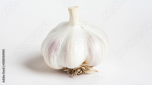 A single, whole garlic bulb with its papery white skin and tightly packed cloves, Each garlic’s vibrant color and subtle imperfections captured with precision photo