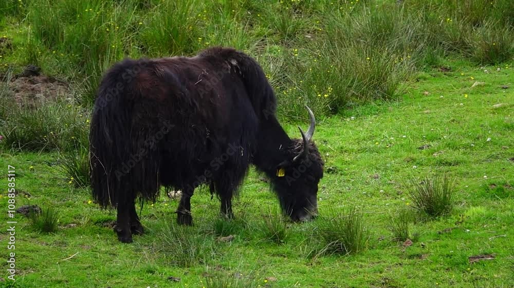domestic yak (bos grunniens) eats grass on a green meadow. slow motion domestic yak (bos grunniens) eats grass on a green meadow. slow motion
