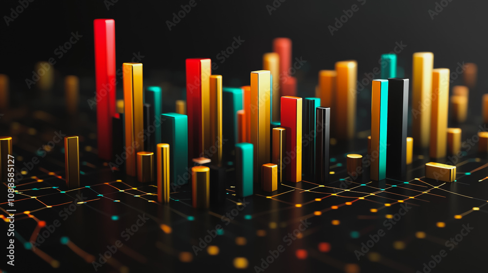 Abstract black background with 3D Colorful charts and graphs with statistics to innovative analyze business potential and forecast future development of companies growth. Abstract black background with 3D Colorful charts and graphs with statistics to innovative analyze business potential and forecast future development of companies growth.