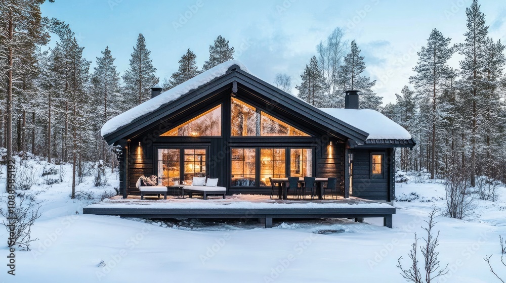 Scandinavian retreat with dark wooden exterior, open interior, snow-covered forest surroundings Scandinavian retreat with dark wooden exterior, open interior, snow-covered forest surroundings