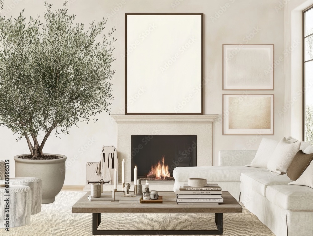 A living room with a fireplace, a couch, and a potted olive tree A living room with a fireplace, a couch, and a potted olive tree