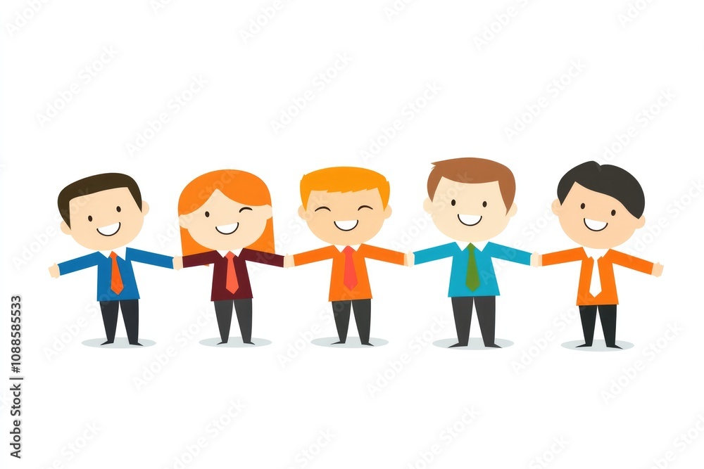 An illustration of five smiling figures holding hands, representing teamwork, teambuilding, unity, and friendly collaboration in a cheerful setting... An illustration of five smiling figures holding hands, representing teamwork, teambuilding, unity, and friendly collaboration in a cheerful setting...