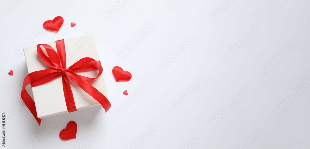Beautiful gift box tied with bow and red hearts on white background Beautiful gift box tied with bow and red hearts on white background