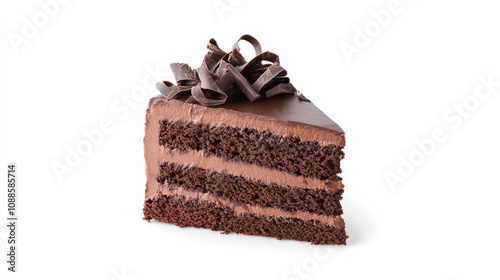 A slice of decadent chocolate cake with layers of rich ganache and chocolate curls, Each luscious layer and glossy finish captured with precision