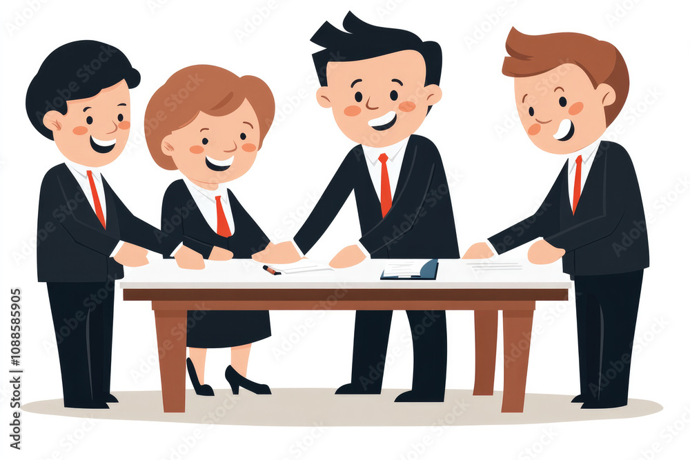 A cheerful illustration of professionals collaborating around a table, symbolizing teamwork, teambuilding, partnership, and effective communication in achieving goals... A cheerful illustration of professionals collaborating around a table, symbolizing teamwork, teambuilding, partnership, and effective communication in achieving goals...