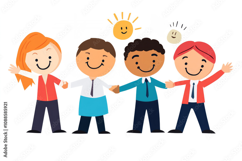 A cheerful illustration of individuals smiling and holding hands, symbolizing teamwork, teambuilding, unity, and inclusivity in a positive environment... A cheerful illustration of individuals smiling and holding hands, symbolizing teamwork, teambuilding, unity, and inclusivity in a positive environment...