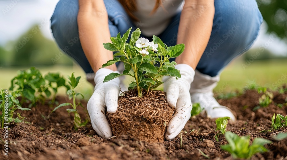 Fototapeta premium Senior Woman Tending to Her Flower Bed in Garden