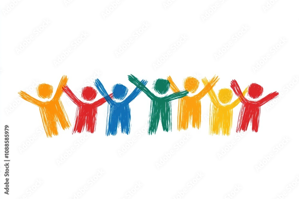 Obraz premium A colorful illustration of diverse figures holding hands in celebration, symbolizing teamwork, teambuilding, unity, and inclusivity in a creative and vibrant environment...